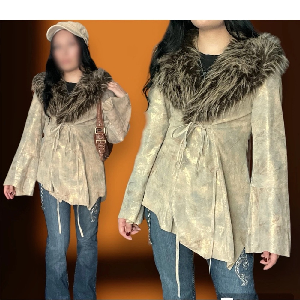 Vintage Y2K Newport News metallic suede leather jacket faux fur trim "Penny Lane